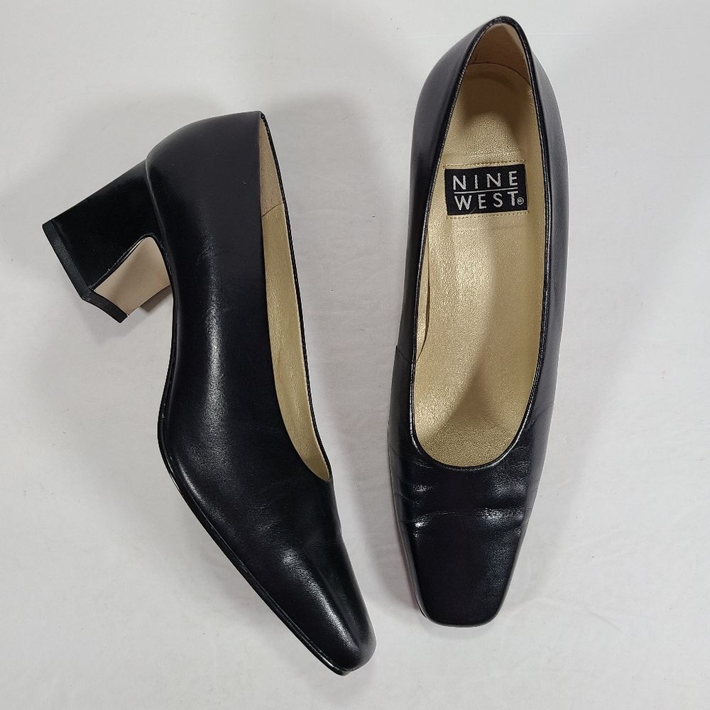 Nine West Black Leather Square Toe Pumps Women's Size 7